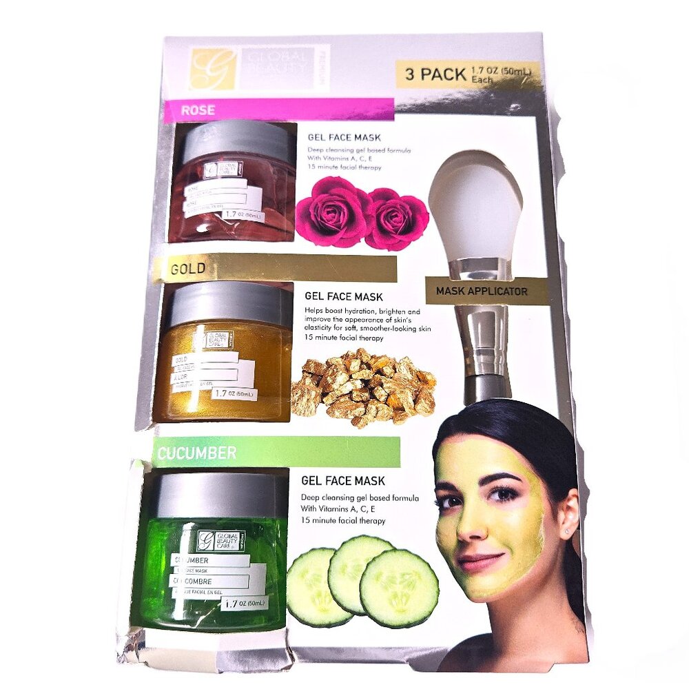 Global Beauty Care 3-Pack Gel Face Mask (Rose, Gold, Cucumber) Mask Applicator